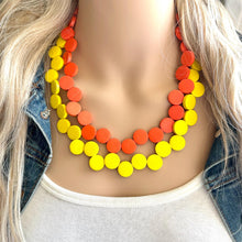 Load image into Gallery viewer, Orange &amp; Yellow Painted Wood Chunky Statement Necklace, Big beaded jewelry, double Strand Statement Necklace, Bib bridesmaid wedding