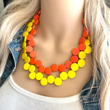 Load image into Gallery viewer, Orange &amp; Yellow Painted Wood Chunky Statement Necklace, Big beaded jewelry, double Strand Statement Necklace, Bib bridesmaid wedding