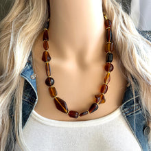 Load image into Gallery viewer, Caramel &amp; Gold Glass Single Strand Beaded Statement Necklace, brown beaded necklace, bridesmaid jewelry layering geometric chunky