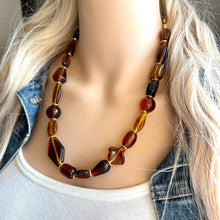 Load image into Gallery viewer, Caramel &amp; Gold Glass Single Strand Beaded Statement Necklace, brown beaded necklace, bridesmaid jewelry layering geometric chunky