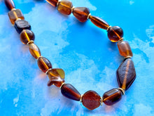 Load image into Gallery viewer, Caramel &amp; Gold Glass Single Strand Beaded Statement Necklace, brown beaded necklace, bridesmaid jewelry layering geometric chunky