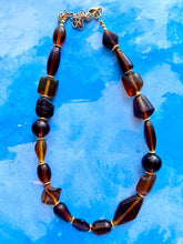 Load image into Gallery viewer, Caramel &amp; Gold Glass Single Strand Beaded Statement Necklace, brown beaded necklace, bridesmaid jewelry layering geometric chunky