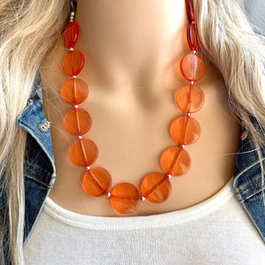 Orange Translucent Chunky Statement Necklace, Big beaded jewelry, single Strand thick jewelry, red-orange bridesmaid wedding resin beads