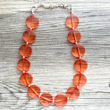 Load image into Gallery viewer, Orange Translucent Chunky Statement Necklace, Big beaded jewelry, single Strand thick jewelry, red-orange bridesmaid wedding resin beads