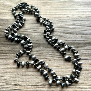 Vintage Long Earthy Geometric Necklace, single Strand Statement Jewelry, everyday black gunmetal gray layering necklace flutter