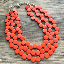 Load image into Gallery viewer, Crisp Harvest Statement Necklace, fall colors Hot Orange Necklace, 3 Strand Statement necklace, vintage wood chunky orange red neon