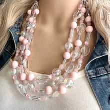 Load image into Gallery viewer, Blush Pink Icy Statement jewelry set, Chunky Beaded Necklace Jewelry, light pink Necklace, pale pink beaded, baby pink resin rainbow