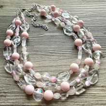 Load image into Gallery viewer, Blush Pink Icy Statement jewelry set, Chunky Beaded Necklace Jewelry, light pink Necklace, pale pink beaded, baby pink resin rainbow