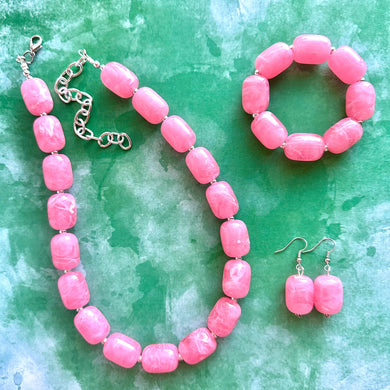 Cotton Candy Pink Chunky Statement Necklace, Big beaded jewelry, Single Strand Resin earrings bracelet Bib light pink bridesmaid wedding