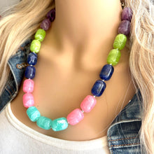 Load image into Gallery viewer, Jewel Tones Chunky Statement Necklace, Big beaded jewelry, Single Strand Resin earrings bracelet Bib green blue lime pink bridesmaid wedding
