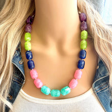 Load image into Gallery viewer, Jewel Tones Chunky Statement Necklace, Big beaded jewelry, Single Strand Resin earrings bracelet Bib green blue lime pink bridesmaid wedding
