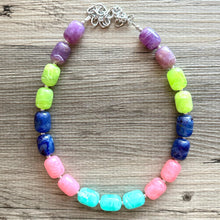 Load image into Gallery viewer, Jewel Tones Chunky Statement Necklace, Big beaded jewelry, Single Strand Resin earrings bracelet Bib green blue lime pink bridesmaid wedding