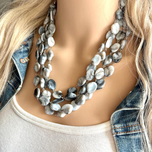 Black Gray & White Tie Dye Statement Necklace Bracelet set, chunky beaded jewelry set, neutral necklace, acrylic layering neutral necklace