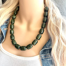 Load image into Gallery viewer, Olive Green Chunky Statement Necklace, Big beaded jewelry, Single Strand Resin Statement Necklace, Bib army green bridesmaid wedding