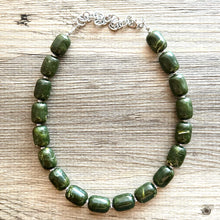 Load image into Gallery viewer, Olive Green Chunky Statement Necklace, Big beaded jewelry, Single Strand Resin Statement Necklace, Bib army green bridesmaid wedding