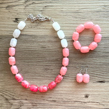 Load image into Gallery viewer, Candy Pink Ombré Chunky Statement Necklace, Big beaded jewelry, Single Strand Resin earrings bracelet Bib light pink bridesmaid wedding