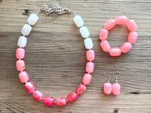 Load image into Gallery viewer, Candy Pink Ombré Chunky Statement Necklace, Big beaded jewelry, Single Strand Resin earrings bracelet Bib light pink bridesmaid wedding