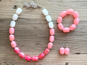 Candy Pink Ombré Chunky Statement Necklace, Big beaded jewelry, Single Strand Resin earrings bracelet Bib light pink bridesmaid wedding