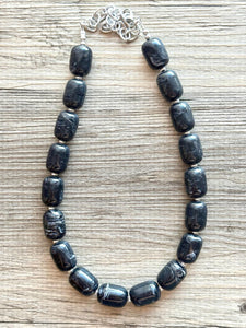 Black Chunky Statement Necklace, Big beaded jewelry Single Strand Resin earrings bracelet Bib silver set bridesmaid wedding gifts for women