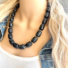 Load image into Gallery viewer, Black Chunky Statement Necklace, Big beaded jewelry Single Strand Resin earrings bracelet Bib silver set bridesmaid wedding gifts for women