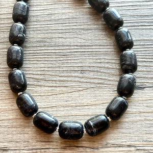 Black Chunky Statement Necklace, Big beaded jewelry Single Strand Resin earrings bracelet Bib silver set bridesmaid wedding gifts for women