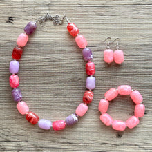 Load image into Gallery viewer, Candy Island Ombré Chunky Statement Necklace, Big beaded jewelry, Single Strand Resin earrings bracelet Bib light pink purple red wedding