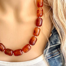 Load image into Gallery viewer, Tortoise Shell Chunky Statement Necklace, Big beaded jewelry, Single Strand Resin earrings bracelet Bib brown red freckled wedding
