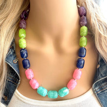 Load image into Gallery viewer, Jewel Tones Chunky Statement Necklace, Big beaded jewelry, Single Strand Resin earrings bracelet Bib green blue lime pink bridesmaid wedding