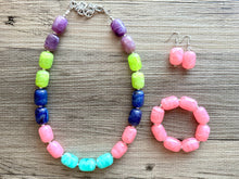 Load image into Gallery viewer, Jewel Tones Chunky Statement Necklace, Big beaded jewelry, Single Strand Resin earrings bracelet Bib green blue lime pink bridesmaid wedding