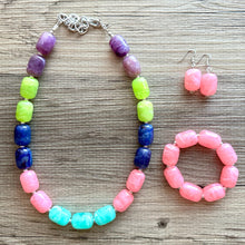 Load image into Gallery viewer, Jewel Tones Chunky Statement Necklace, Big beaded jewelry, Single Strand Resin earrings bracelet Bib green blue lime pink bridesmaid wedding
