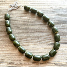 Load image into Gallery viewer, Olive Green Chunky Statement Necklace, Big beaded jewelry, Single Strand Resin Statement Necklace, Bib army green bridesmaid wedding