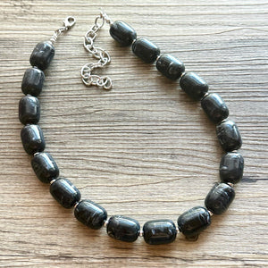 Black Chunky Statement Necklace, Big beaded jewelry Single Strand Resin earrings bracelet Bib silver set bridesmaid wedding gifts for women