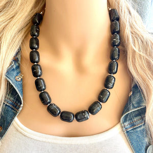 Black Chunky Statement Necklace, Big beaded jewelry Single Strand Resin earrings bracelet Bib silver set bridesmaid wedding gifts for women