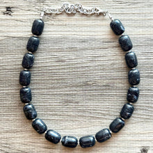 Load image into Gallery viewer, Black Chunky Statement Necklace, Big beaded jewelry Single Strand Resin earrings bracelet Bib silver set bridesmaid wedding gifts for women