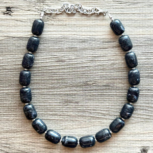 Black Chunky Statement Necklace, Big beaded jewelry Single Strand Resin earrings bracelet Bib silver set bridesmaid wedding gifts for women