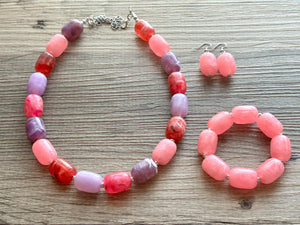 Candy Island Ombré Chunky Statement Necklace, Big beaded jewelry, Single Strand Resin earrings bracelet Bib light pink purple red wedding