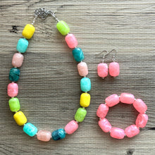 Load image into Gallery viewer, Tropical Island Ombré Chunky Statement Necklace, Big beaded jewelry, Single Strand Resin earrings bracelet Bib light pink peach mint wedding
