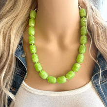 Load image into Gallery viewer, Lime Green Chunky Statement Necklace, Big beaded jewelry, Single Strand Resin earrings bracelet Bib light green wedding layering