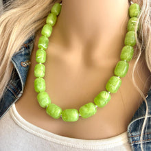 Load image into Gallery viewer, Lime Green Chunky Statement Necklace, Big beaded jewelry, Single Strand Resin earrings bracelet Bib light green wedding layering