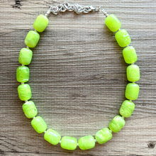 Load image into Gallery viewer, Lime Green Chunky Statement Necklace, Big beaded jewelry, Single Strand Resin earrings bracelet Bib light green wedding layering