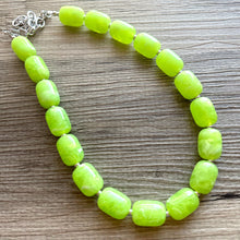 Load image into Gallery viewer, Lime Green Chunky Statement Necklace, Big beaded jewelry, Single Strand Resin earrings bracelet Bib light green wedding layering