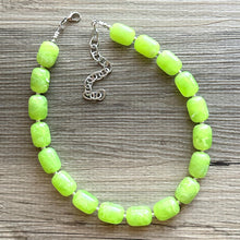 Load image into Gallery viewer, Lime Green Chunky Statement Necklace, Big beaded jewelry, Single Strand Resin earrings bracelet Bib light green wedding layering