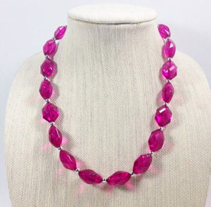 SALE! Raspberry & Silver single strand necklace - Magenta Pink Statement Jewelry - Acrylic faceted beaded necklace