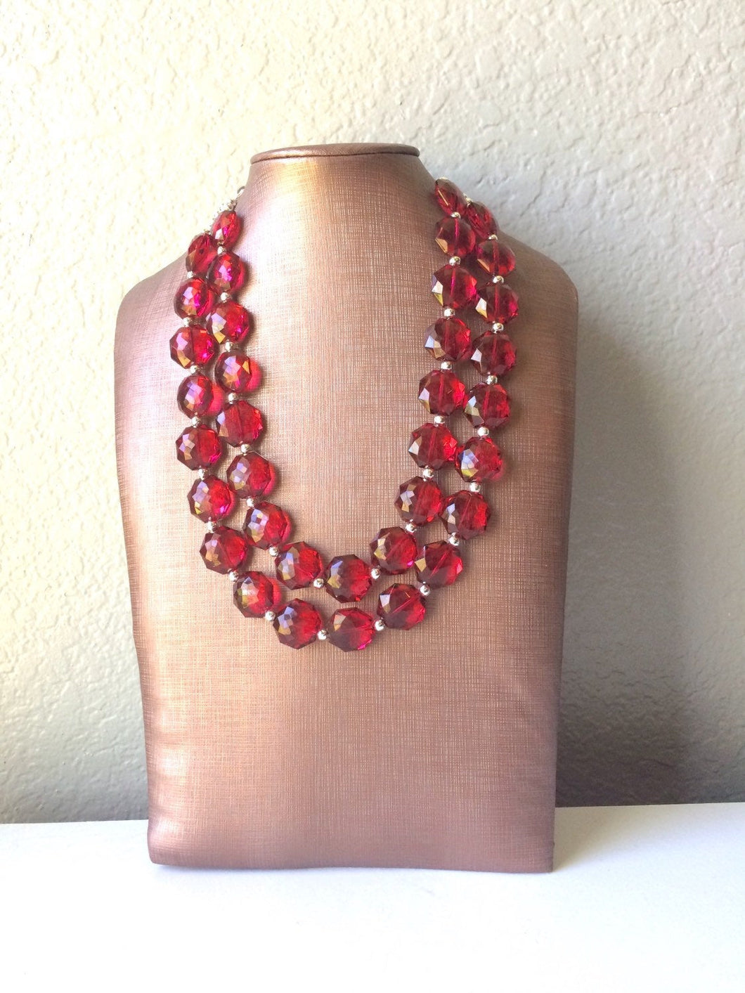 Dark Red Double Strand statement necklace - pretty big beaded chunky jewelry marsala crimson garnet