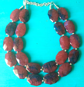 Red & Navy Chunky Statement Necklace - Big beaded jewelry - Double Strand Statement Necklace