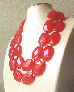 Cherry Red Necklace - Double strand bright red jewelry - big beaded chunky  statement necklace