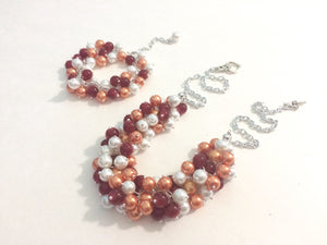 Maroon & Orange Cluster Necklace and Bracelet - Virginia Jewelry - Everyday Bridesmaid Wedding Casual Cluster Garnet and orange