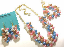 Load image into Gallery viewer, Pink Blue Gold &amp; White 3 Piece Jewelry Set - Necklace, Earrings, Bracelet - Wedding Bridesmaid Personalized Pearl cluster