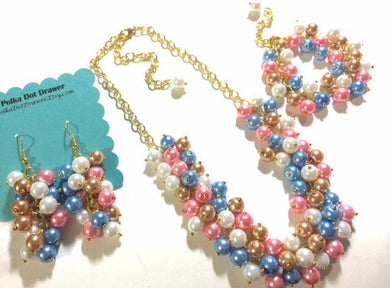 Pink Blue Gold & White 3 Piece Jewelry Set - Necklace, Earrings, Bracelet - Wedding Bridesmaid Personalized Pearl cluster
