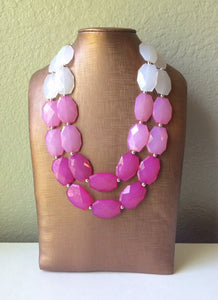 Pink Ombre Necklace - Double strand bright jewelry - big beaded chunky statement blush magenta white